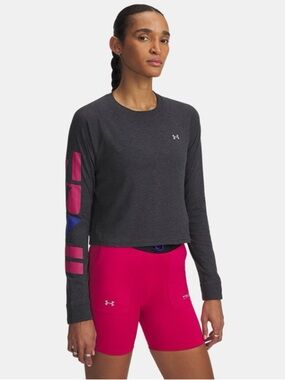 Under Armour Charcoal Long Sleeve Crop Top with Pink Sleeve Graphics